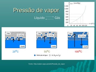 Pressão de vaporPressão de vapor
Líquido Gás
Fonte: http://saber.sapo.ao/wiki/Pressão_de_vapor
 