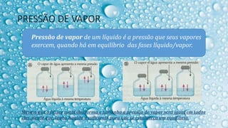 PRESSÃO DE VAPOR
Pressão de vapor de um líquido é a pressão que seus vapores
exercem, quando há em equilíbrio das fases líquido/vapor.
Mesmo que o frasco contenha forma e tamanho a pressão de vapor será igual em todos
eles, desde que, tenha líquido o suficiente para que se estabeleça um equilíbrio.
 