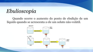 Ebulioscopia
Quando ocorre o aumento do ponto de ebulição de um
líquido quando se acrescenta a ele um soluto não-volátil.
 