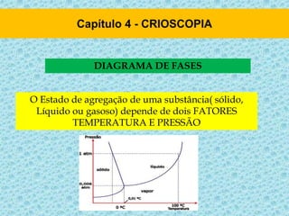 DIAGRAMA DE FASES
O Estado de agregação de uma substância( sólido,
Líquido ou gasoso) depende de dois FATORES
TEMPERATURA E PRESSÃO
 
