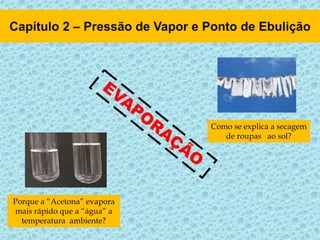 Porque a “Acetona” evapora
mais rápido que a “água” a
temperatura ambiente?
Como se explica a secagem
de roupas ao sol?
 