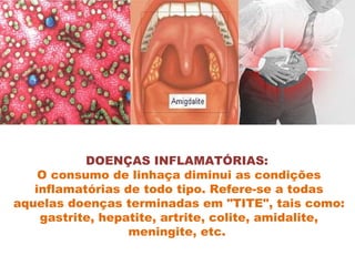 DOENÇAS INFLAMATÓRIAS:  O consumo de linhaça diminui as condições inflamatórias de todo tipo. Refere-se a todas aquelas doenças terminadas em "TITE", tais como: gastrite, hepatite, artrite, colite, amidalite, meningite, etc.  
