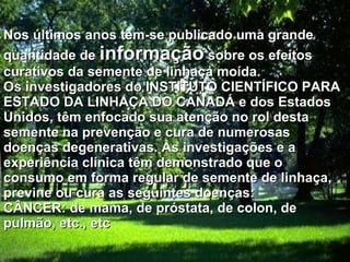 Nos últimos anos tem-se publicado uma grande quantidade de  informação  sobre os efeitos curativos da semente de linhaça moída. Os investigadores do INSTITUTO CIENTÍFICO PARA ESTADO DA LINHAÇA DO CANADÁ e dos Estados Unidos, têm enfocado sua atenção no rol desta semente na prevenção e cura de numerosas doenças degenerativas. As investigações e a experiência clínica têm demonstrado que o consumo em forma regular de semente de linhaça, previne ou cura as seguintes doenças: CÂNCER: de mama, de próstata, de colon, de pulmão, etc., etc  