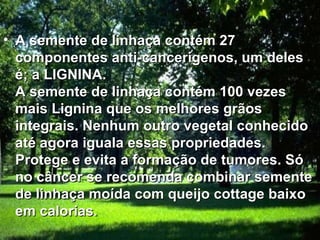 A semente de linhaça contém 27 componentes anti-cancerígenos, um deles é; a LIGNINA. A semente de linhaça contém 100 vezes mais Lignina que os melhores grãos integrais. Nenhum outro vegetal conhecido até agora iguala essas propriedades. Protege e evita a formação de tumores. Só no câncer se recomenda combinar semente de linhaça moída com queijo cottage baixo em calorias.   