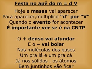 Festa no apê do m = d V
Hoje a massa vai aparecer
Para aparecer,multiplico “d” por “V”
Quando o evento for acontecer
É importante ver se é na CNTP
O + denso vai afundar
E o – vai boiar
Nas moléculas dos gases
Um pra lá e um pra cá
Já nos sólidos , os átomos
Bem juntinhos vão ficar
 