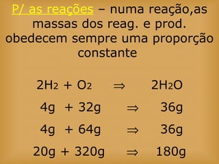 P/ as reações – numa reação,as
massas dos reag. e prod.
obedecem sempre uma proporção
constante
2H2 + O2 ⇒ 2H2O
4g + 32g ⇒ 36g
4g + 64g ⇒ 36g
20g + 320g ⇒ 180g
 