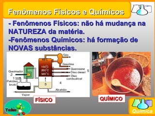 Fenômenos Físicos e Químicos
 - Fenômenos Físicos: não há mudança na
 NATUREZA da matéria.
 -Fenômenos Químicos: há formação de
 NOVAS substâncias.




               FÍSICO     QUÍMICO
Prof. Busato
                                    Química
 