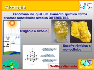 Alotropia
      Fenômeno no qual um elemento químico forma
diversas substâncias simples DIFERENTES.



               Oxigênio e Ozônio



                                           Enxofre rômbico e
                                           monoclínico




Prof. Busato                       Grafita e diamante Química
 