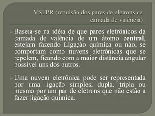  Baseia-se na idéia de que pares eletrônicos da
camada de valência de um átomo central,
estejam fazendo Ligação química ou não, se
comportam como nuvens eletrônicas que se
repelem, ficando com a maior distância angular
possível uns dos outros.
 Uma nuvem eletrônica pode ser representada
por uma ligação simples, dupla, tripla ou
mesmo por um par de elétrons que não estão a
fazer ligação química.
 