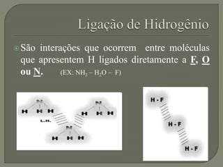 São interações que ocorrem entre moléculas
que apresentem H ligados diretamente a F, O
ou N. (EX: NH3 – H2O – F)
 