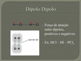  Força de atração
entre dipolos,
positivos e negativos.
 Ex: HCl – HI – PCl3
 