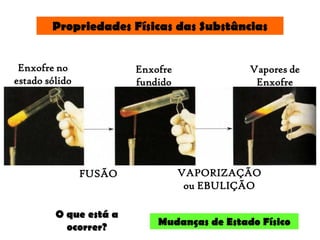 Propriedades Físicas das Substâncias


 Enxofre no             Enxofre              Vapores de
estado sólido           fundido               Enxofre




                FUSÃO             VAPORIZAÇÃO
                                   ou EBULIÇÃO

         O que está a
           ocorrer?         Mudanças de Estado Físico
 