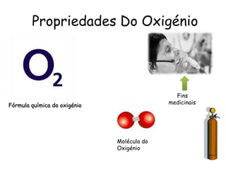 Propriedades Do Oxigénio
Fórmula química do oxigénio
Molécula do
Oxigénio
Fins
medicinais
 