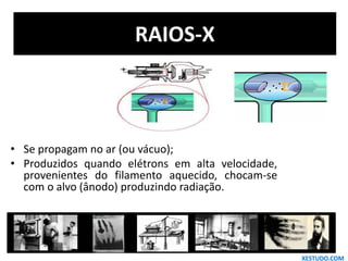 • Se propagam no ar (ou vácuo);
• Produzidos quando elétrons em alta velocidade,
provenientes do filamento aquecido, chocam-se
com o alvo (ânodo) produzindo radiação.
RAIOS-X
XESTUDO.COM
 