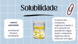 Solubilidade
A maioria dos
compostos
orgânicos é apolar e
se o solvente em
questão for a água
(polar): compostos
orgânicos não se
misturam com água.
mesma
polaridade
semelhante
dissolve
semelhante.
 