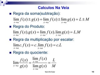  Regra da soma(subtração):
 Regra do Produto:
Regra da multiplicação por escalar:
MLxgxfxgxf
axaxax


)(lim)(lim)()(lim
MLxgxfxgxf
axaxax
.)(lim).(lim)().(lim 

Calculos Na Veia
 Regra da multiplicação por escalar:
 Regra do quociente:
Lcxfcxfc
axax
.)(lim.)(.lim 

M
L
xg
xf
xg
xf
ax
ax
ax



 )(lim
)(lim
)(
)(
lim
13Nerd Ali Aidar
 