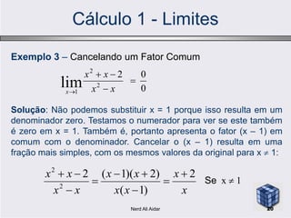 Cálculo 1 - Limites
Exemplo 3 – Cancelando um Fator Comum
0
02
2
2
1
lim 


 xx
xx
x
Solução: Não podemos substituir x = 1 porque isso resulta em umSolução: Não podemos substituir x = 1 porque isso resulta em um
denominador zero. Testamos o numerador para ver se este também
é zero em x = 1. Também é, portanto apresenta o fator (x – 1) em
comum com o denominador. Cancelar o (x – 1) resulta em uma
fração mais simples, com os mesmos valores da original para x  1:
x
x
xx
xx
xx
xx 2
)1(
)2)(1(2
2
2







Se x  1
20Nerd Ali Aidar
 