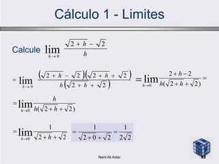 Cálculo 1 - Limites



 )22(
22
lim hh
h
h
h
h
22
lim0


  
 22
22.22
lim 


hh
hh
Calcule

  )22(
lim0 hhh
22
1
202
1



 22
lim0 

 hhh
)22(
lim0 

 hh
h
h
22
1
lim0 

 hh
22Nerd Ali Aidar
 