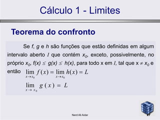 Cálculo 1 - Limites
Se f, g e h são funções que estão definidas em algum
intervalo aberto I que contém x0, exceto, possivelmente, no
  
Teorema do confronto
próprio x0, f(x)  g(x)  h(x), para todo x em I, tal que x  x0 e
então Lxhxf
xxxx


)(lim)(lim
00
Lxg
xx


)(lim
0
27Nerd Ali Aidar
 