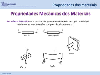 Vítor Caetano
Resistência Mecânica – É a capacidade que um material tem de suportar esforços
mecânicos externos (tração, compressão, dobramento…)
Corte
Propriedades dos materiais
 