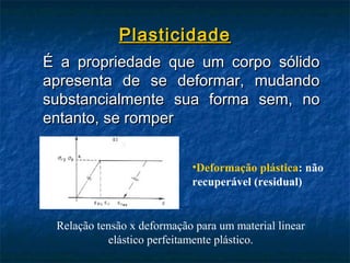 Plasticidade
É a propriedade que um corpo sólido
apresenta de se deformar, mudando
substancialmente sua forma sem, no
entanto, se romper


                            •Deformação plástica: não
                            recuperável (residual)


 Relação tensão x deformação para um material linear
           elástico perfeitamente plástico.
 