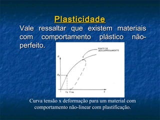Plasticidade
Vale ressaltar que existem materiais
com comportamento plástico não-
perfeito.




  Curva tensão x deformação para um material com
    comportamento não-linear com plastificação.
 