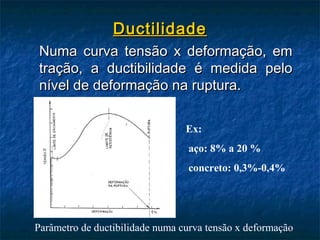 Ductilidade
 Numa curva tensão x deformação, em
 tração, a ductibilidade é medida pelo
 nível de deformação na ruptura.

                                 Ex:
                                 aço: 8% a 20 %
                                 concreto: 0,3%-0,4%




Parâmetro de ductibilidade numa curva tensão x deformação
 