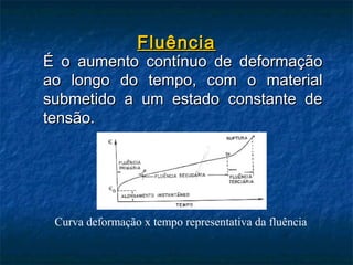 Fluência
É o aumento contínuo de deformação
ao longo do tempo, com o material
submetido a um estado constante de
tensão.




 Curva deformação x tempo representativa da fluência
 