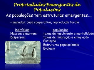 Características de Populações
A ecologia de populações estuda os organismos examina o tamanho e
estrutura das populações; ambos são propriedades emergentes de
populações, não como indivíduos
A ecologia de populações também é o estudo das interações dentro
das populações ( as interações intraespecíficas)
As populações são grupos de membros da mesma espécie que se
interagem (indivíduos que podem cruzar)
Podemos caracterizar as populações individuais em termos de …
• Tamanho (médio versus variabilidade)
• Densidade (e impactos no tamanho; dependência de densidade)
• Padrões de dispersão
• Demografia (estrutura etária, razão sexual)
• Taxas de crescimento (ou declínio)
• Limites do crescimento populacional

 