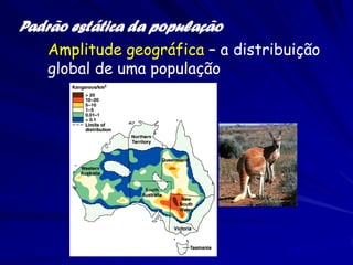 Propriedades de
Populações
Padrão estática da população –

propriedade de uma população que
pode ser avaliada com uma medida ou
estimativa num momento único do
tempo (uma “fotografia”)

Padrão dinâmica da população –

propriedade de uma população que
somente pode ser avaliada com
medidas ou estimativas em dois ou
mais pontos do tempo

 