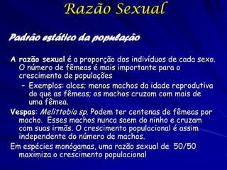 Estrutura Espacial
Padrão estática da população
A escala importa muito na descrição da
distribuição espacial de uma espécie.
Uma espécie pode ser agregada numa escala
grande, mas com distribuição regular
numa escala menor.
– Exemplo: As formigas saúvas, Atta sp. Se
agregam em áreas de habitat favorável.
Dentro dessas áreas, seus ninhos tem
distribuição regular devido as interações
agressivas entre sauveiros.

 