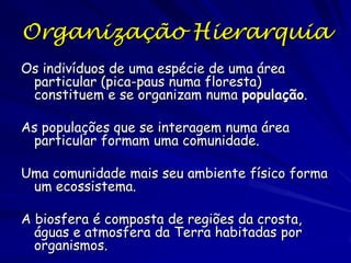 Condições para uma
Hierarquia `perfeita´
1: Cada componente da hierarquia é designado a
somente um nível
2. Cada componente é parte de somente um
componente a cada nível acima dele
(excluindo os componentes a nível superior)

3. Cada componente é composto somente de
componentes do nível próximo mais baixo
(excluindo os componentes a nível inferior)

 