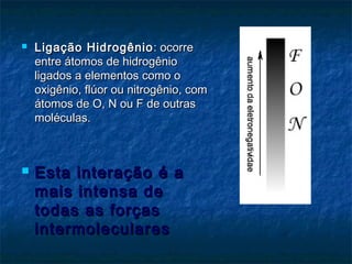  Ligação HidrogênioLigação Hidrogênio : ocorre: ocorre
entre átomos de hidrogênioentre átomos de hidrogênio
ligados a elementos como oligados a elementos como o
oxigênio, flúor ou nitrogênio, comoxigênio, flúor ou nitrogênio, com
átomos de O, N ou F de outrasátomos de O, N ou F de outras
moléculas.moléculas.
 Esta interação é aEsta interação é a
mais intensa demais intensa de
todas as forçastodas as forças
intermolecularesintermoleculares
 