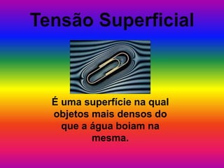É uma superfície na qual 
objetos mais densos do 
que a água boiam na 
mesma. 
 