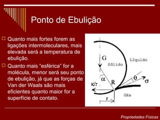 Ponto de Ebulição
 Quanto mais fortes forem as
  ligações intermoleculares, mais
  elevada será a temperatura de
  ebulição.
 Quanto mais “esférica” for a
  molécula, menor será seu ponto
  de ebulição, já que as forças de
  Van der Waals são mais
  eficientes quanto maior for a
  superfície de contato.


                                     Propriedades Físicas
 