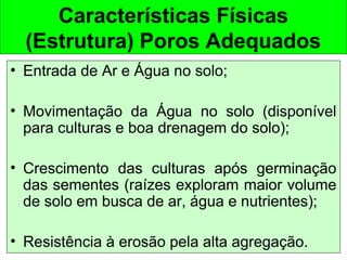 Características Físicas
(Estrutura) Poros Adequados
• Entrada de Ar e Água no solo;
• Movimentação da Água no solo (disponível
para culturas e boa drenagem do solo);
• Crescimento das culturas após germinação
das sementes (raízes exploram maior volume
de solo em busca de ar, água e nutrientes);
• Resistência à erosão pela alta agregação.

 