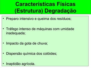 Características Físicas
(Estrutura) Degradação
• Preparo intensivo e queima dos resíduos;
• Tráfego intenso de máquinas com umidade
inadequada;
• Impacto da gota de chuva;
• Dispersão química dos colóides;
• Inaptidão agrícola.

 