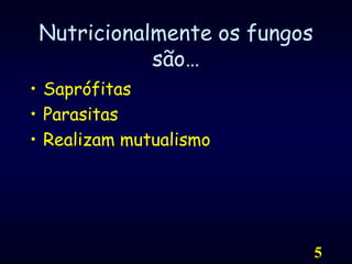 5Nutricionalmente os fungos são…SaprófitasParasitasRealizam mutualismo