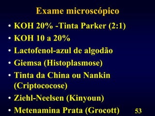 53Exame microscópicoKOH 20% -Tinta Parker (2:1)KOH 10 a 20% Lactofenol-azul de algodãoGiemsa (Histoplasmose)Tinta da China ou Nankin (Criptococose)Ziehl-Neelsen (Kinyoun)Metenamina Prata (Grocott)