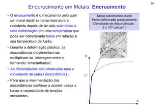 16
• O encruamento é o mecanismo pelo qual
um metal dúctil se torna mais duro e
resistente depois de ter sido submetido a
uma deformação em uma temperatura que
pode ser considerada baixa em relação à
sua temperatura de fusão.
• Durante a deformação plástica, as
discordâncias movimentam-se,
multiplicam-se, interagem entre si
formando “emaranhados”.
• As discordâncias são obstáculos para o
movimento de outras discordâncias...
• Para que a movimentação das
discordâncias continue a ocorrer passa a
haver a necessidade de tensões
crescentes.
Endurecimento em Metais: Encruamento
Metal policristalino dúctil
Ferro deformado plasticamente
Densidade de discordâncias :
2 x 108 cm/cm3 )
 
