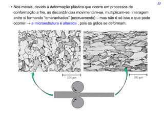 22
• Nos metais, devido à deformação plástica que ocorre em processos de
conformação a frio, as discordâncias movimentam-se, multiplicam-se, interagem
entre si formando “emaranhados” (encruamento) – mas não é só isso o que pode
ocorrer → a microestrutura é alterada , pois os grãos se deformam.
 