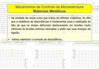 3
3
Mecanismos de Controle da Microestrutura
Materiais Metálicos
 Na Unidade do nosso curso que tratou de defeitos cristalinos, foi dito
que a existência de discordâncias é fundamental para a explicação do
fato de que os metais deformam plasticamente em tensões muito
inferiores às tensões teóricas calculadas a partir das suas energias de
ligação.
• Vamos relembrar o conceito de discordância...
 