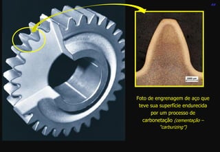 44
Foto de engrenagem de aço que
teve sua superfície endurecida
por um processo de
carbonetação (cementação –
“carburizing”)
 