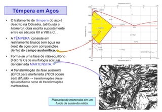 62
• O tratamento de têmpera do aço é
descrito na Odisséia, (atribuída a
Homero), obra escrita supostamente
entre os séculos XII e VIII a.C. .
• A TÊMPERA consiste em
resfriamento brusco (em água ou
óleo) de aços com composições
dentro do campo austenítico.
• Forma-se uma fase de não-equilíbrio
(>0,6 % C) de morfologia acicular
denominada MARTENSITA.
• A transformação de fase austenita
(CFC) para martensita (TCC) ocorre
sem difusão → transformações desse
tipo recebem o nome de transformações
martensíticas.
Têmpera em Aços
Plaquetas de martensita em um
fundo de austenita retida.
 