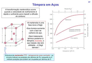 63
A transformação martensítica ocorre
quando a velocidade de resfriamento é
rápida o suficiente para impedir a difusão
do carbono.
Têmpera em Aços
•A martensita é uma
fase dura e frágil.
•Sua dureza aumenta
com o teor de
carbono do aço.
•Sem tratamento
térmico posterior à
têmpera (revenido), o
aço tratado não tem
utilidade – é frágil
demais !
Estrutura da martensita (TTC - tetragonal de corpo centrado) : os
círculos indicam as posições dos átomos de Fe, enquanto os X
indicam posições que podem ser ocupadas por átomos de C.
 