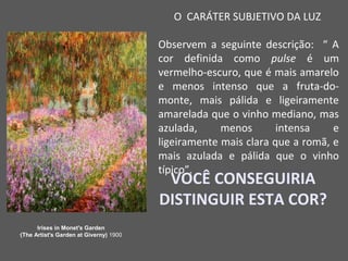 O CARÁTER SUBJETIVO DA LUZ
Observem a seguinte descrição: “ A
cor definida como pulse é um
vermelho-escuro, que é mais amarelo
e menos intenso que a fruta-do-
monte, mais pálida e ligeiramente
amarelada que o vinho mediano, mas
azulada, menos intensa e
ligeiramente mais clara que a romã, e
mais azulada e pálida que o vinho
típico”.
VOCÊ CONSEGUIRIA
DISTINGUIR ESTA COR?
•
Irises in Monet's Garden
•
(The Artist's Garden at Giverny) 1900
 
