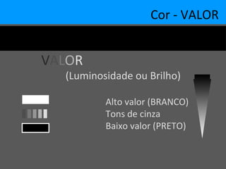 Cor - VALOR
VALOR
(Luminosidade ou Brilho)
Alto valor (BRANCO)
Tons de cinza
Baixo valor (PRETO)
 