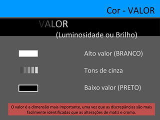 Cor - VALOR
VALOR
(Luminosidade ou Brilho)
Alto valor (BRANCO)
Tons de cinza
Baixo valor (PRETO)
O valor é a dimensão mais importante, uma vez que as discrepâncias são mais
facilmente identificadas que as alterações de matiz e croma.
 