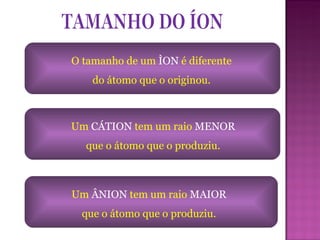 TAMANHO DO ÍON O tamanho de um  ÌON  é diferente do átomo que o originou. Um  CÁTION  tem um raio  MENOR que o átomo que o produziu. Um  ÂNION  tem um raio  MAIOR que o átomo que o produziu. 