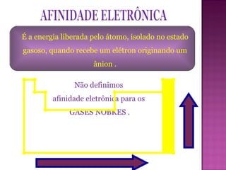 AFINIDADE ELETRÔNICA É a energia liberada pelo átomo, isolado no estado gasoso, quando recebe um elétron originando um ânion . Não definimos  afinidade eletrônica para os  GASES NOBRES . 